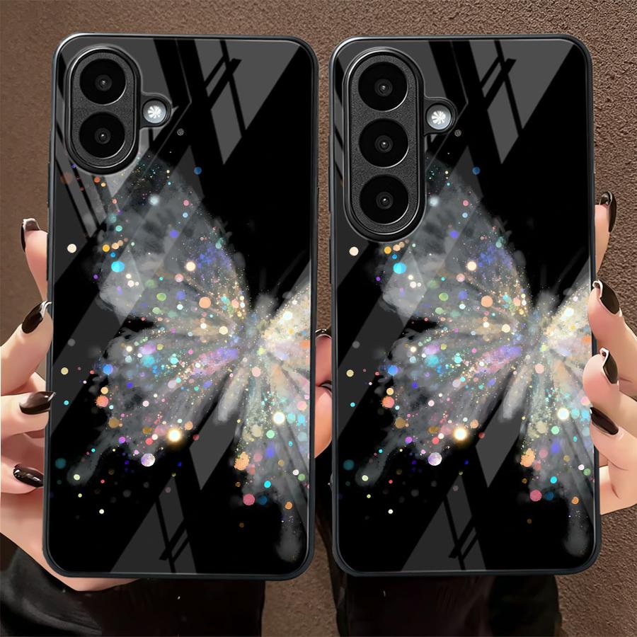 Samsung Galaxy A55 - غطاء هاتف زجاجي بتصميم فراشة كرتونية